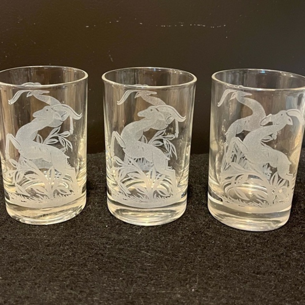 Federal Glass Etched Prancing Gazelles Juice Glasses Set of 3